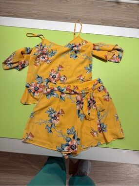 Floral Yellow Cold-Shoulder Cami and Tie-Waist Shorts Set